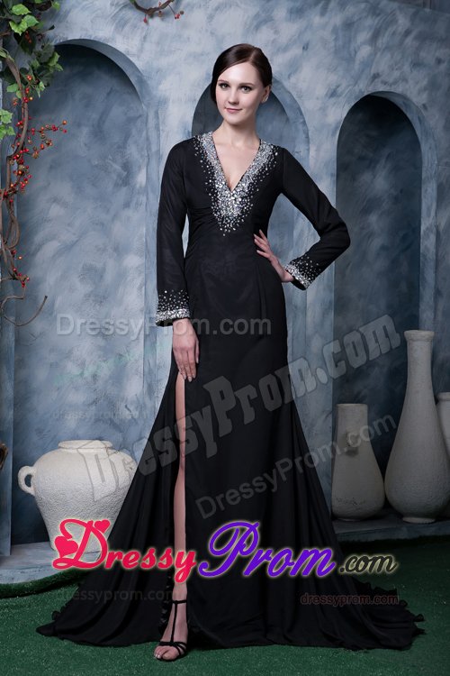 Special Long Sleeves V-neck Backless Black Dress for Prom