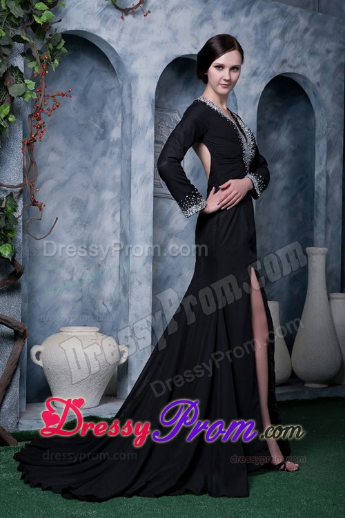 Special Long Sleeves V-neck Backless Black Dress for Prom