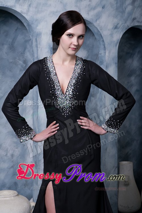 Special Long Sleeves V-neck Backless Black Dress for Prom
