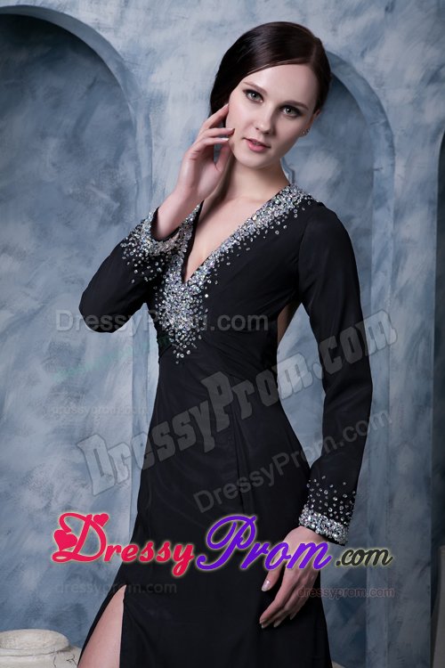 Special Long Sleeves V-neck Backless Black Dress for Prom