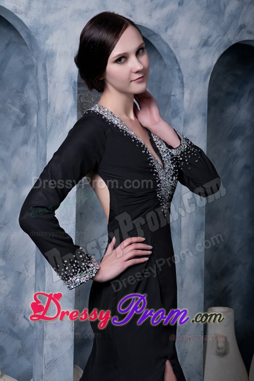 Special Long Sleeves V-neck Backless Black Dress for Prom
