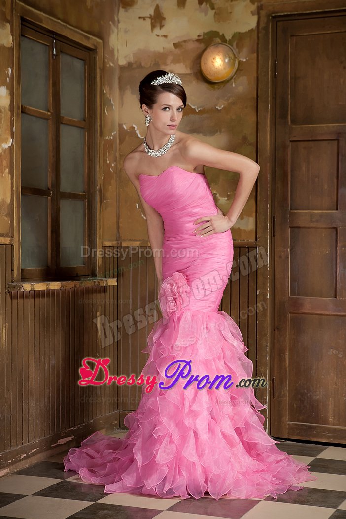 Cheap Mermaid Rose Pink Ruffled Junior Prom Dress with Flower