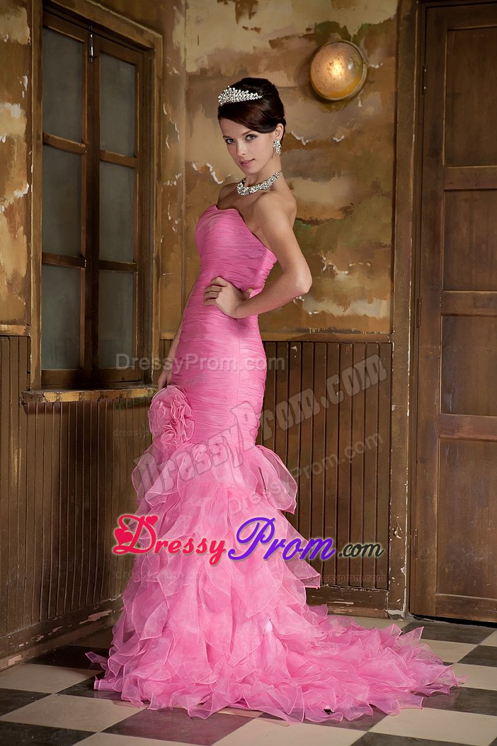 Cheap Mermaid Rose Pink Ruffled Junior Prom Dress with Flower