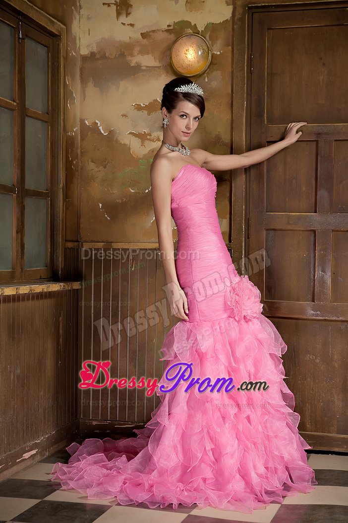 Cheap Mermaid Rose Pink Ruffled Junior Prom Dress with Flower
