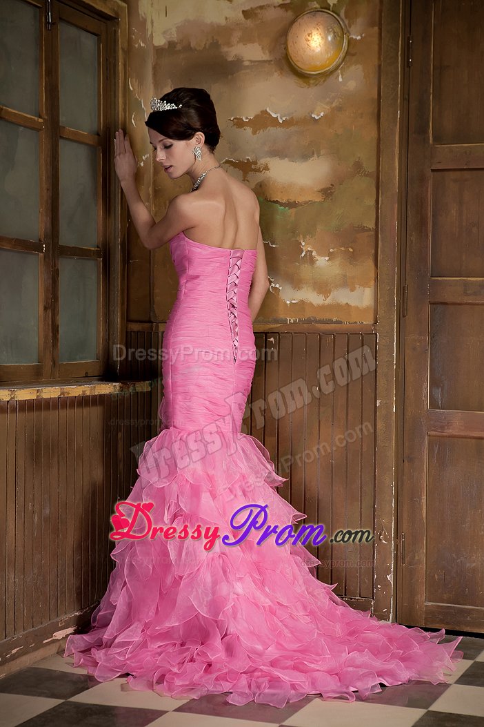 Cheap Mermaid Rose Pink Ruffled Junior Prom Dress with Flower