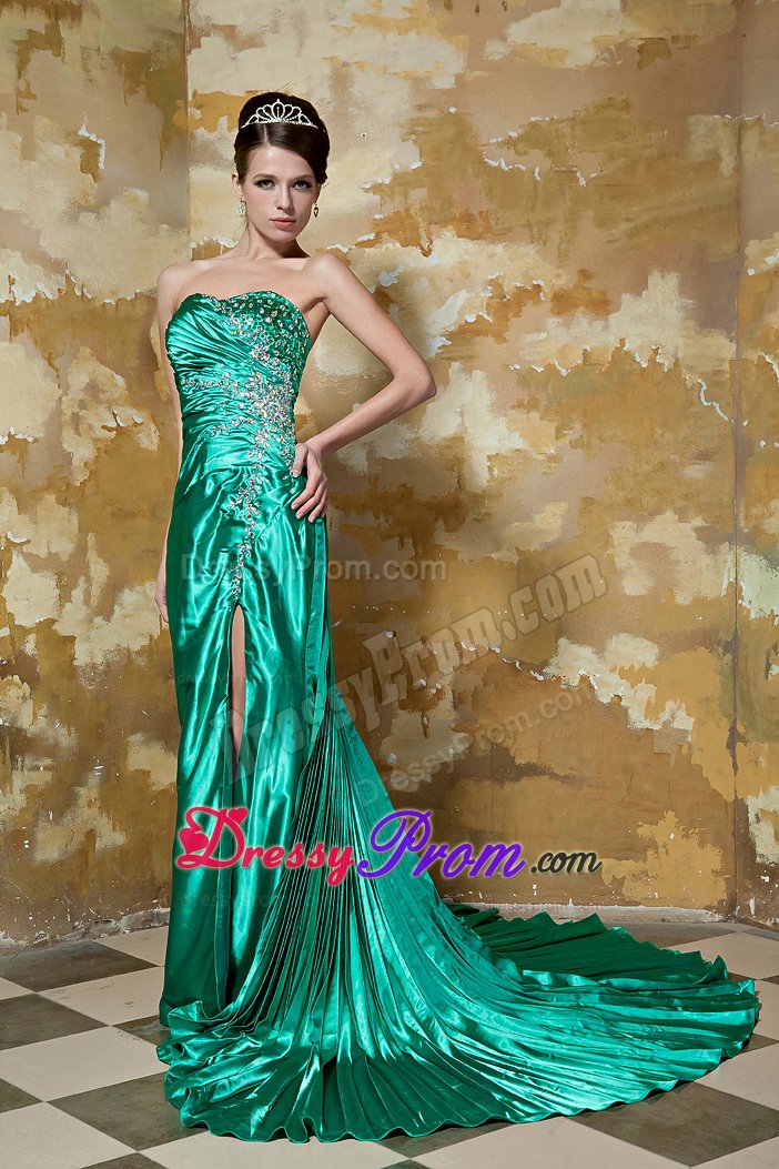 Popular Court Train Beaded Ruched Green Prom Dress for Girls