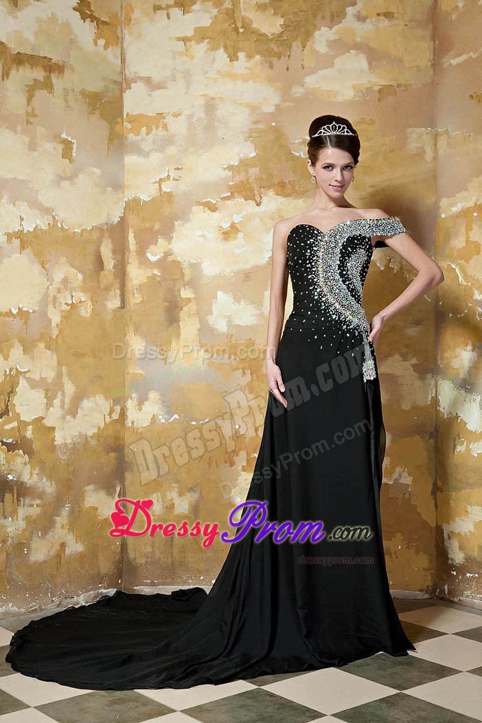 Off The Shoulder Chapel Train Black Prom Dress with Rhinestones