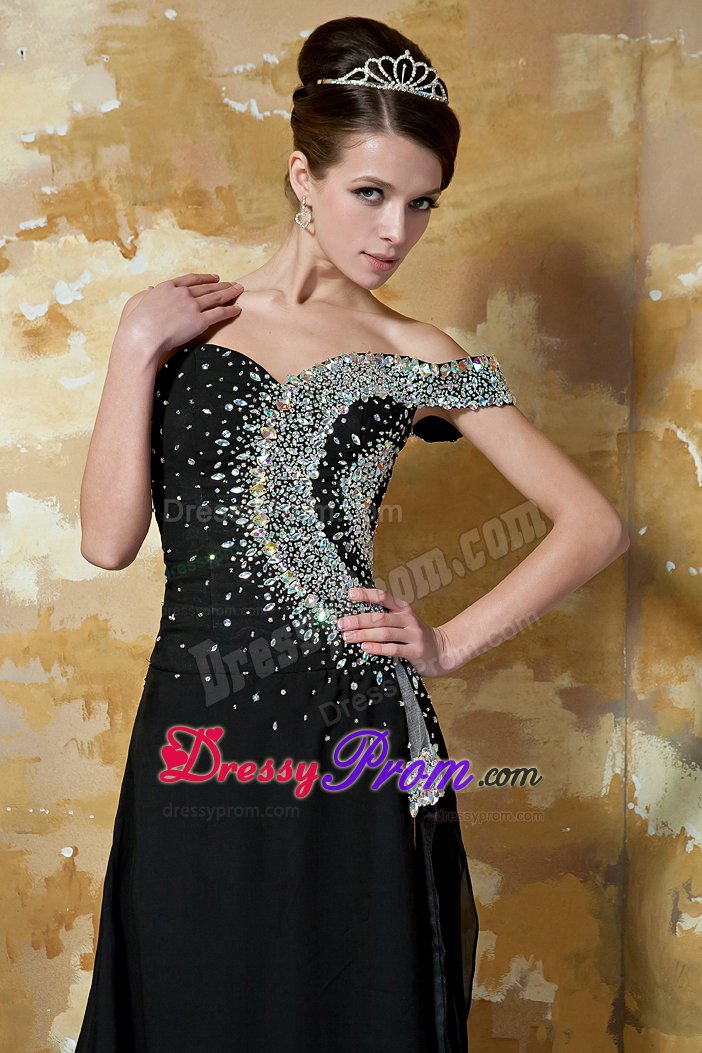 Off The Shoulder Chapel Train Black Prom Dress with Rhinestones