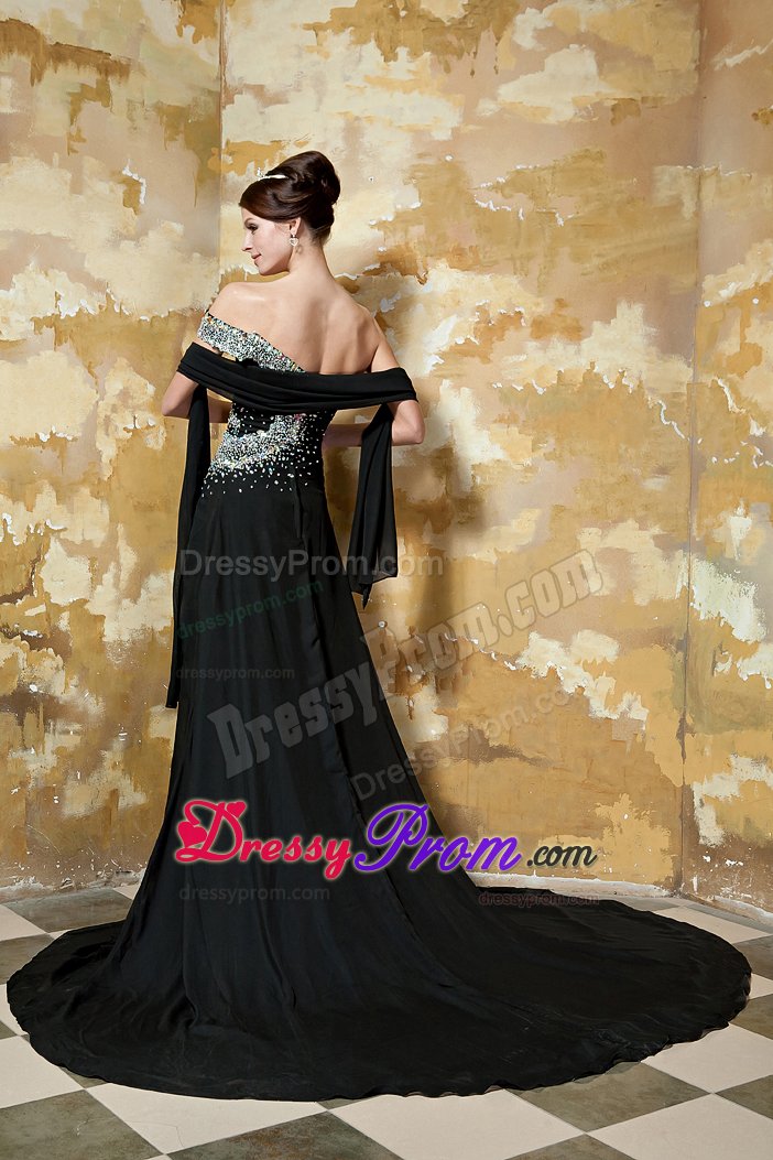 Off The Shoulder Chapel Train Black Prom Dress with Rhinestones