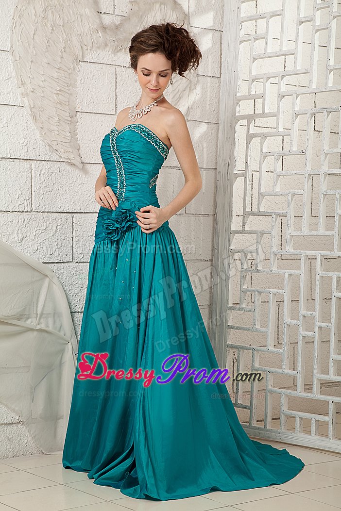 Special Hand Made Flowers Ruched and Beaded Prom Evening Dress