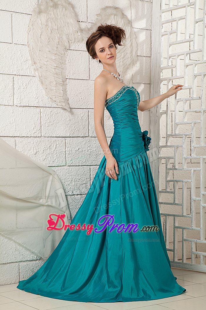 Special Hand Made Flowers Ruched and Beaded Prom Evening Dress