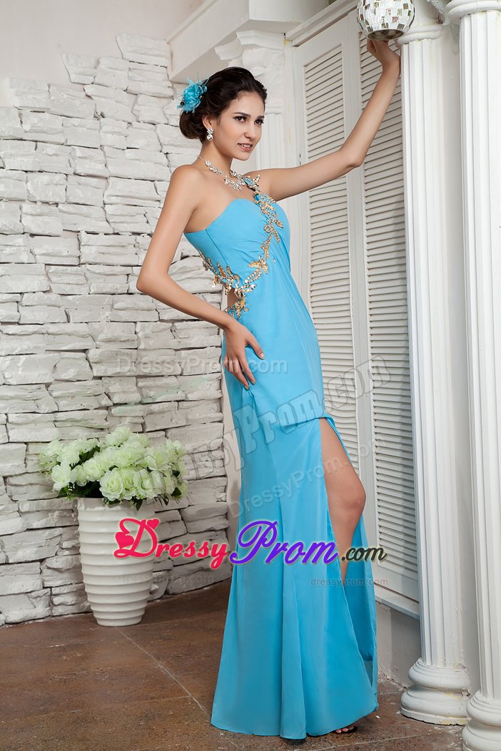 Sweet High Slit Prom Graduation Dress Beaded Appliques with Cutouts