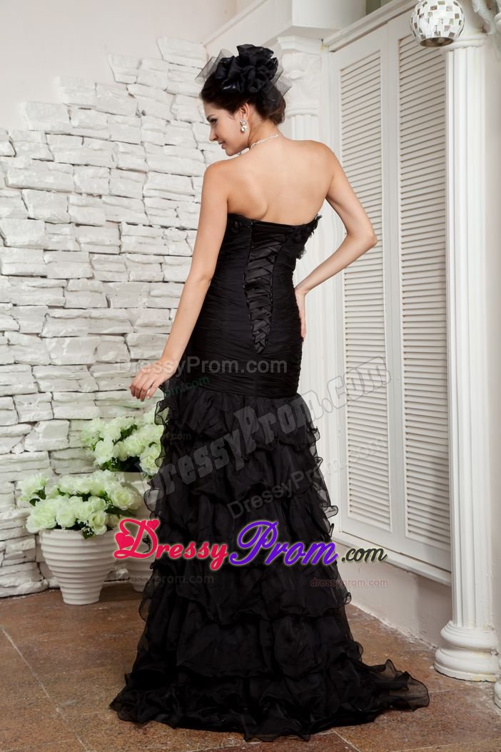 Multi-tiered Black Prom Pageant Dresses Strapless with Slit on the Side