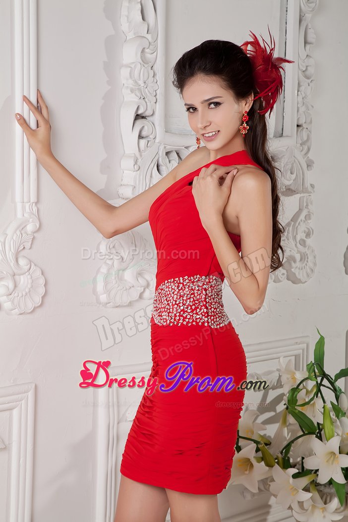Sexy Red One Shoulder Prom Dresses Beading and Ruching Mini-length
