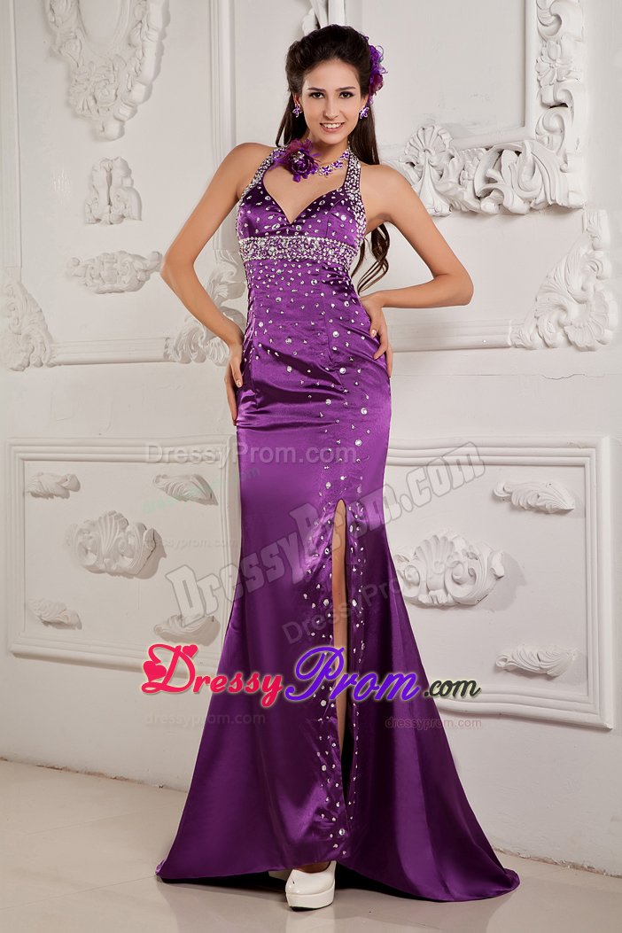 Halter Top High Slit Dresses for Prom Night Beading with the Back out