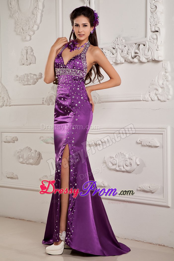 Halter Top High Slit Dresses for Prom Night Beading with the Back out