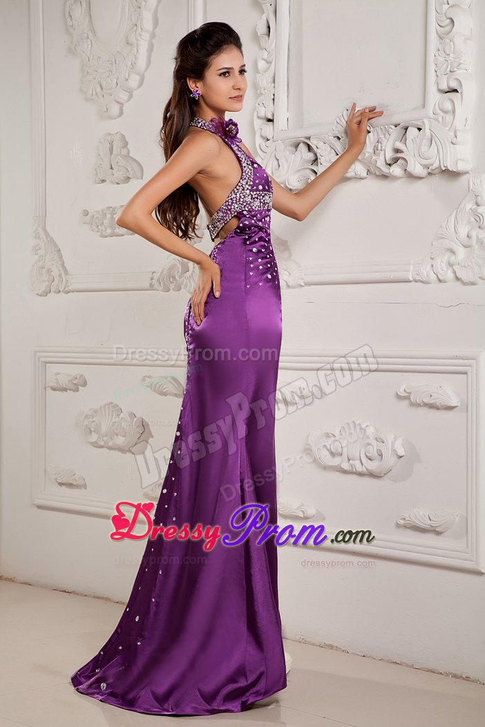 Halter Top High Slit Dresses for Prom Night Beading with the Back out
