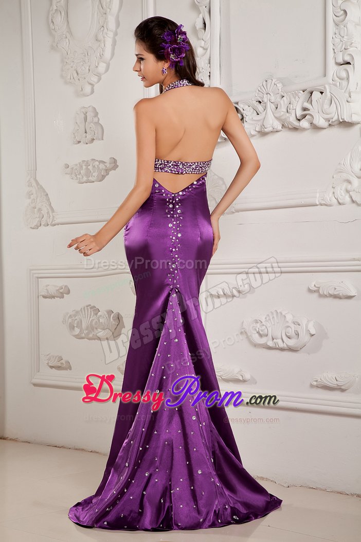 Halter Top High Slit Dresses for Prom Night Beading with the Back out