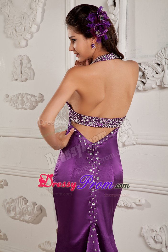 Halter Top High Slit Dresses for Prom Night Beading with the Back out