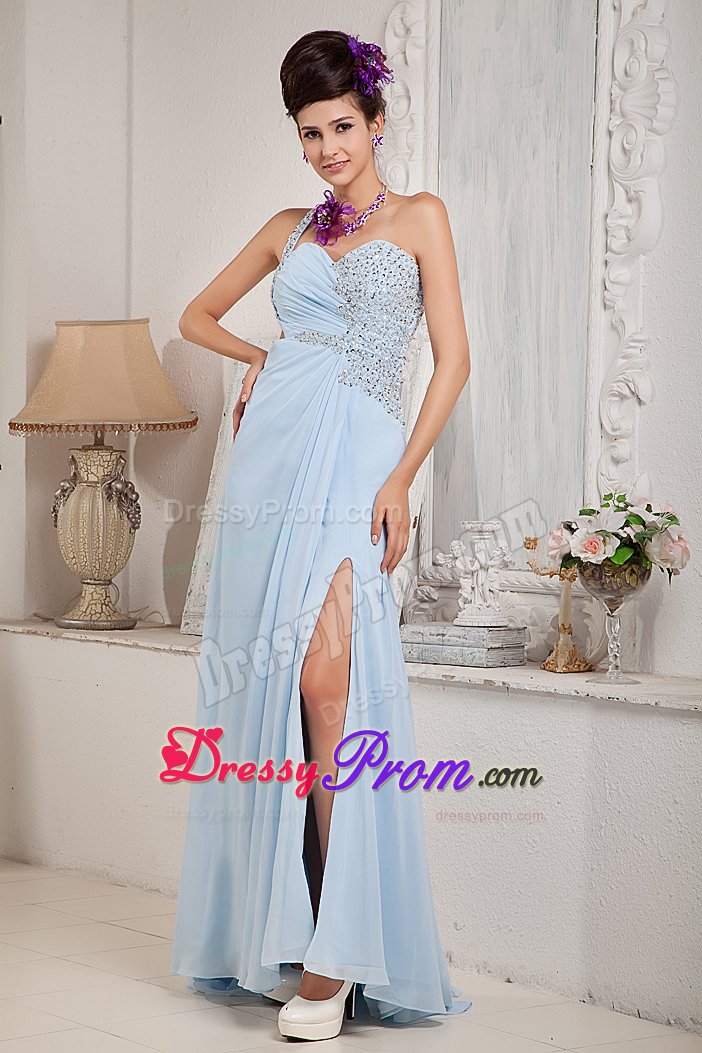 Single Shoulder Beaded Prom Celebrity Dress Chiffon with Sweep Train