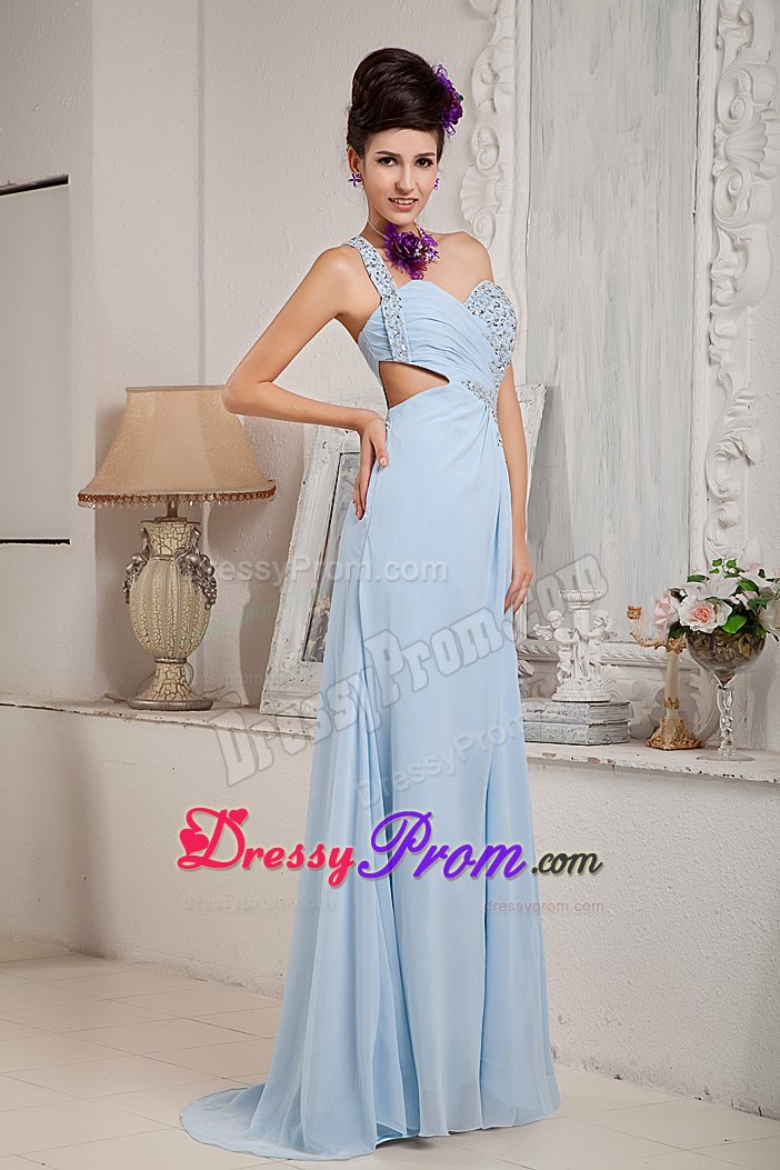 Single Shoulder Beaded Prom Celebrity Dress Chiffon with Sweep Train
