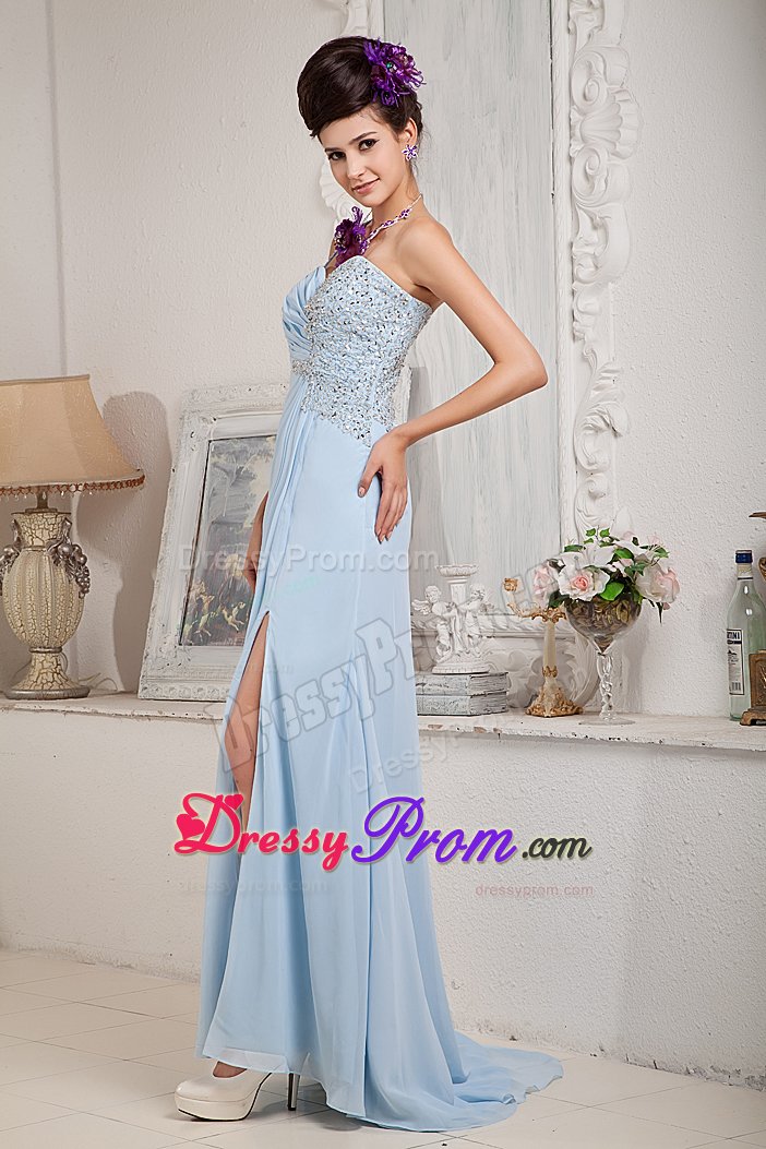 Single Shoulder Beaded Prom Celebrity Dress Chiffon with Sweep Train