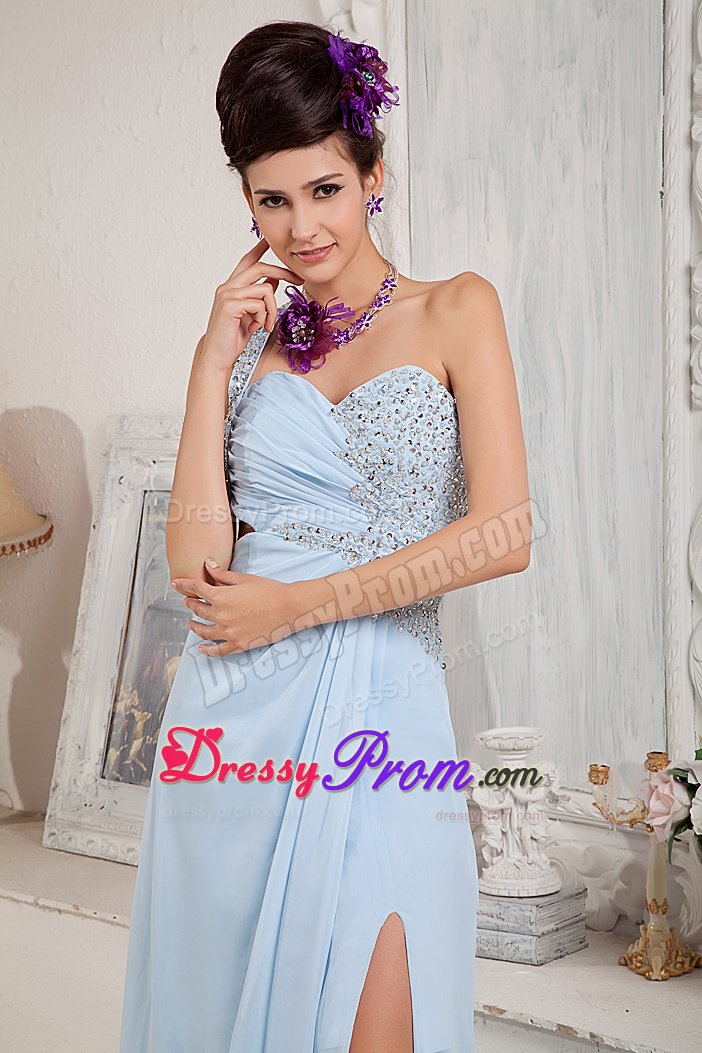 Single Shoulder Beaded Prom Celebrity Dress Chiffon with Sweep Train