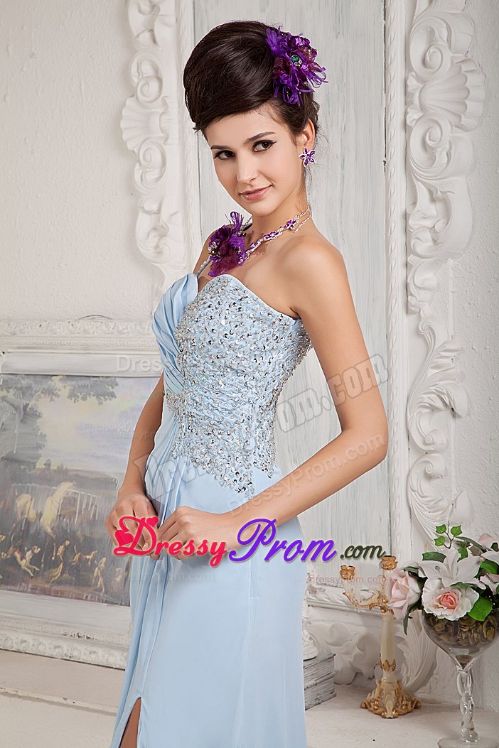 Single Shoulder Beaded Prom Celebrity Dress Chiffon with Sweep Train