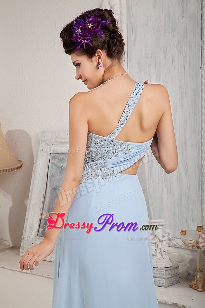 Single Shoulder Beaded Prom Celebrity Dress Chiffon with Sweep Train