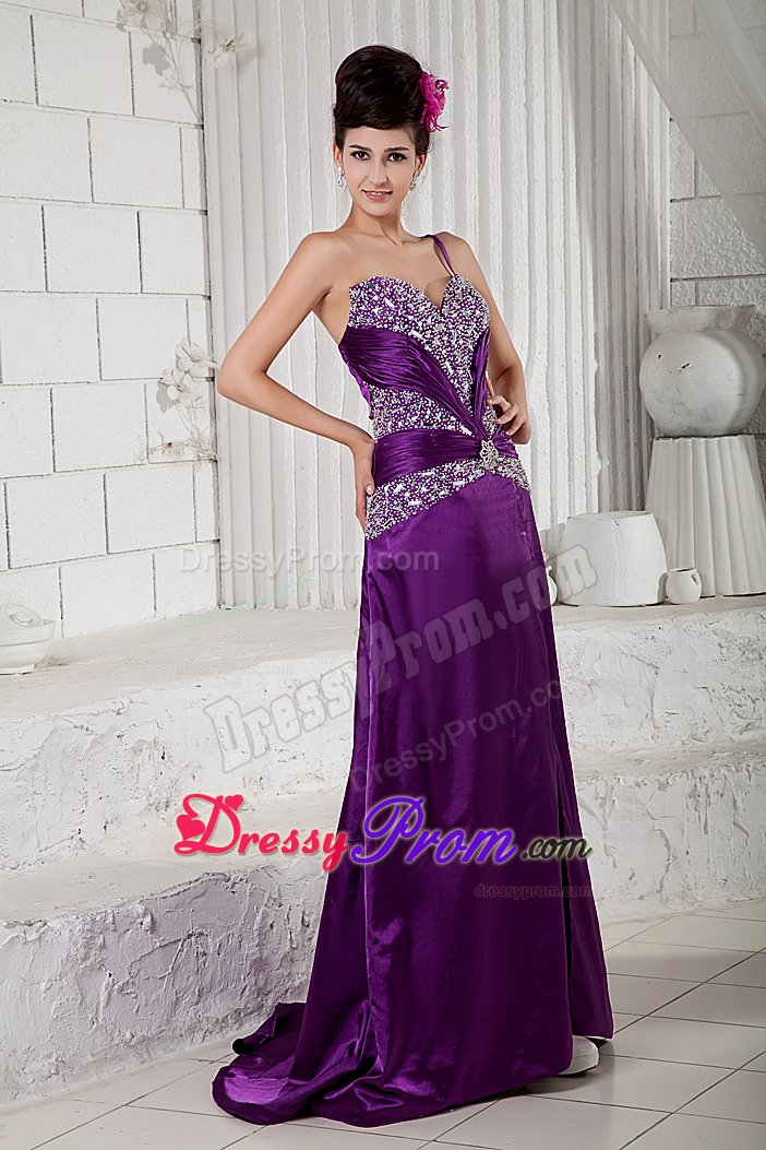 One Shoulder High Slit Prom Cocktail Dress Beading with Brush Train
