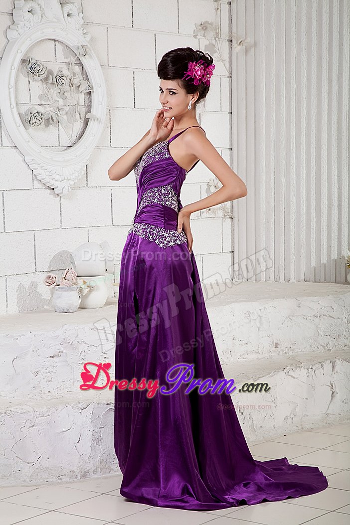 One Shoulder High Slit Prom Cocktail Dress Beading with Brush Train