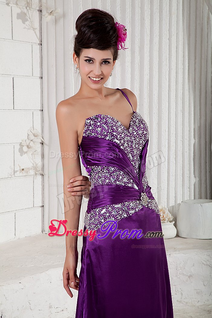 One Shoulder High Slit Prom Cocktail Dress Beading with Brush Train