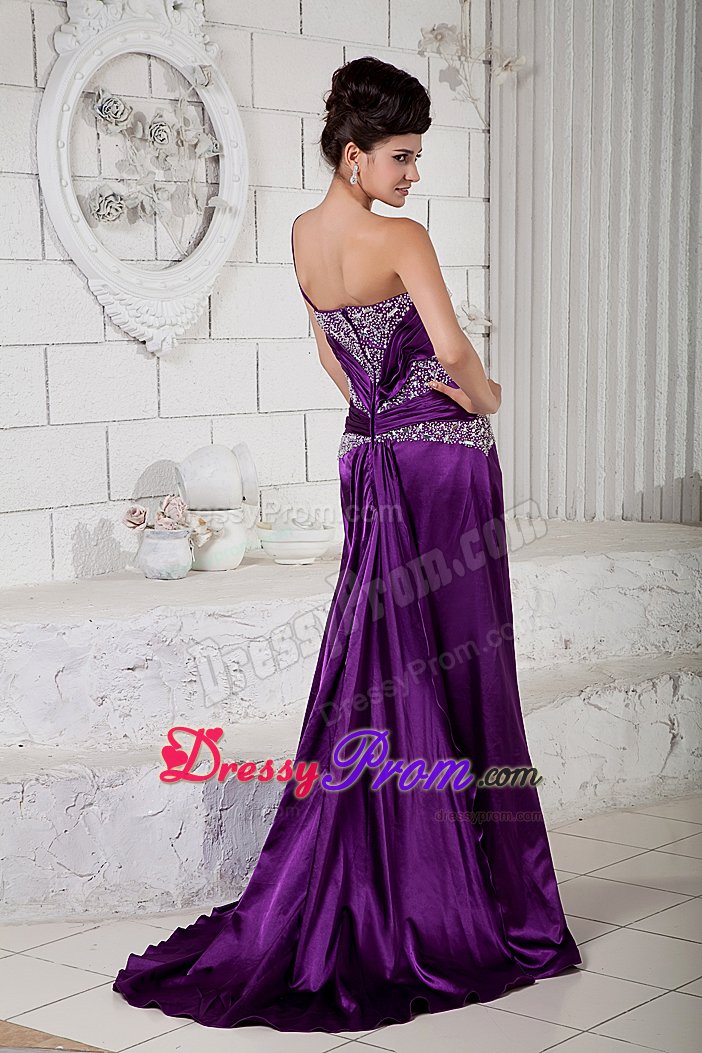 One Shoulder High Slit Prom Cocktail Dress Beading with Brush Train