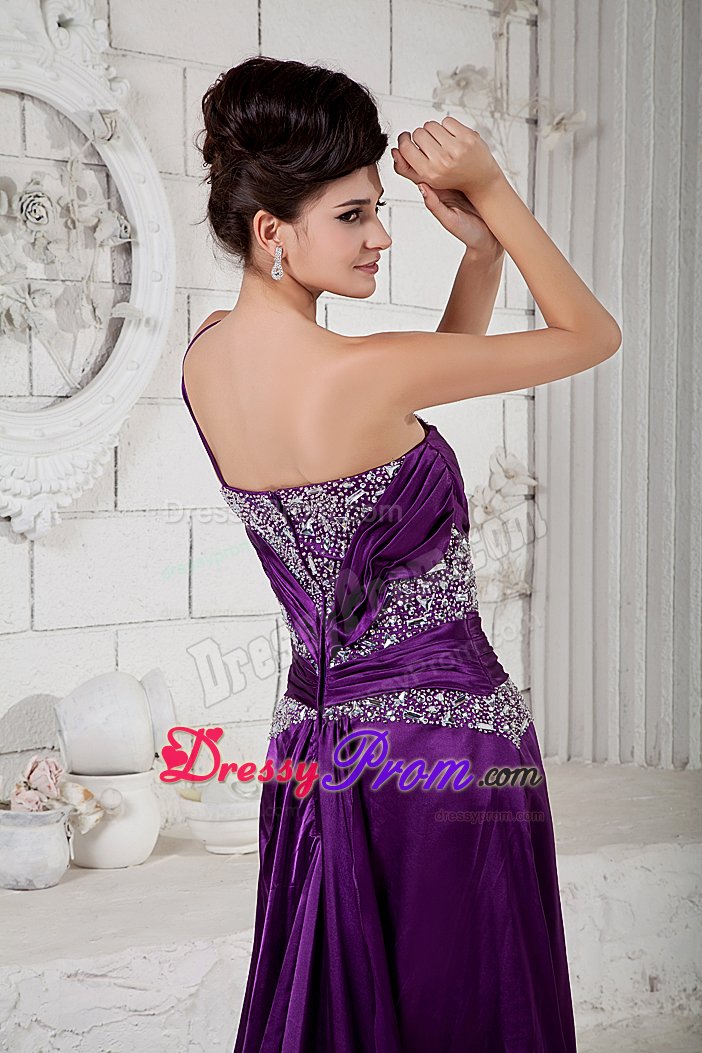 One Shoulder High Slit Prom Cocktail Dress Beading with Brush Train