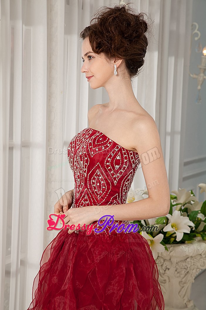 Exquisite Wine Red Strapless Beaded Prom Dresses High-low Organza