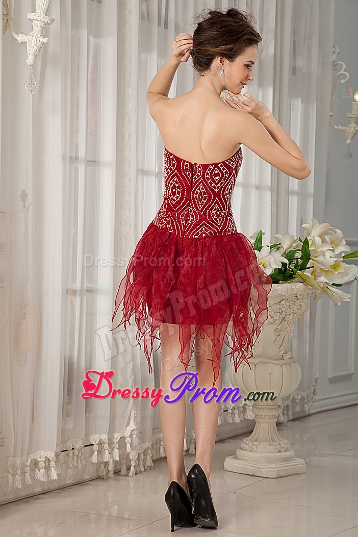 Exquisite Wine Red Strapless Beaded Prom Dresses High-low Organza
