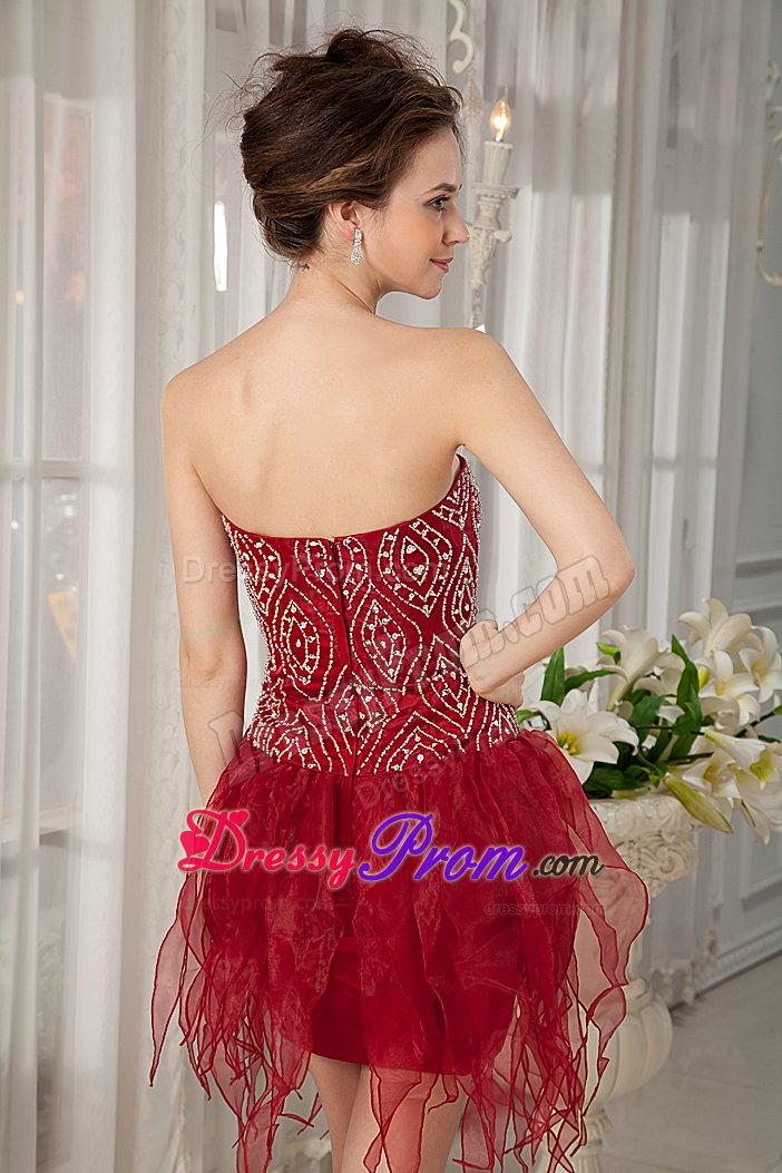 Exquisite Wine Red Strapless Beaded Prom Dresses High-low Organza