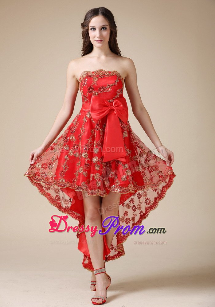 Cheap Dresses for Prom Princess Lace Decorated with Bow High-low