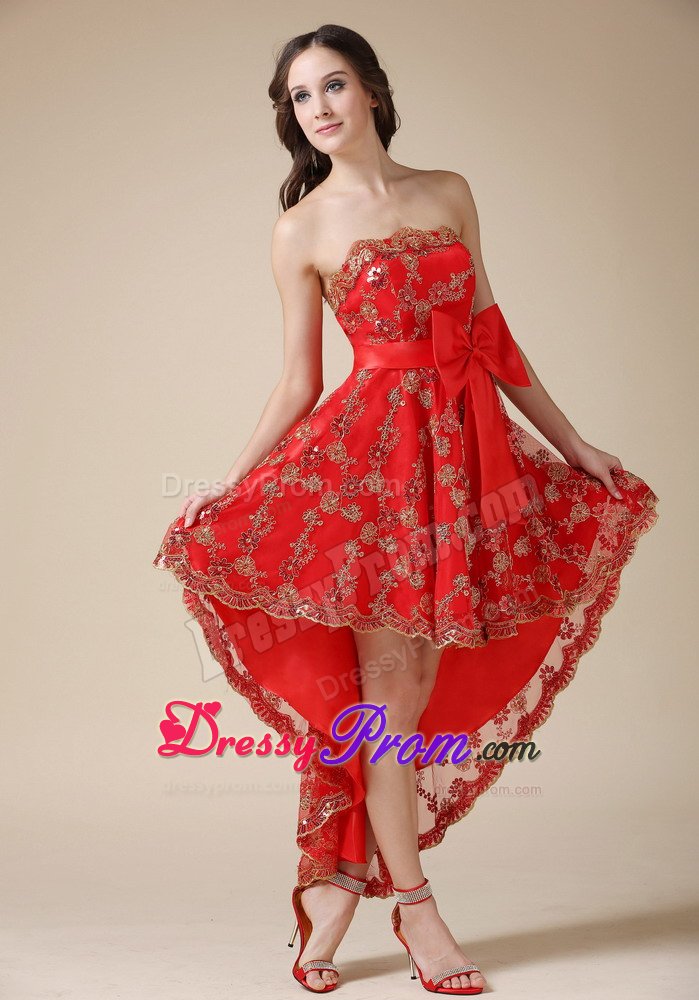 Cheap Dresses for Prom Princess Lace Decorated with Bow High-low