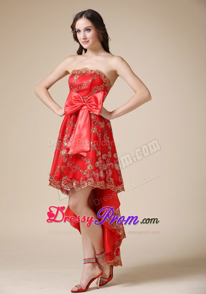 Cheap Dresses for Prom Princess Lace Decorated with Bow High-low