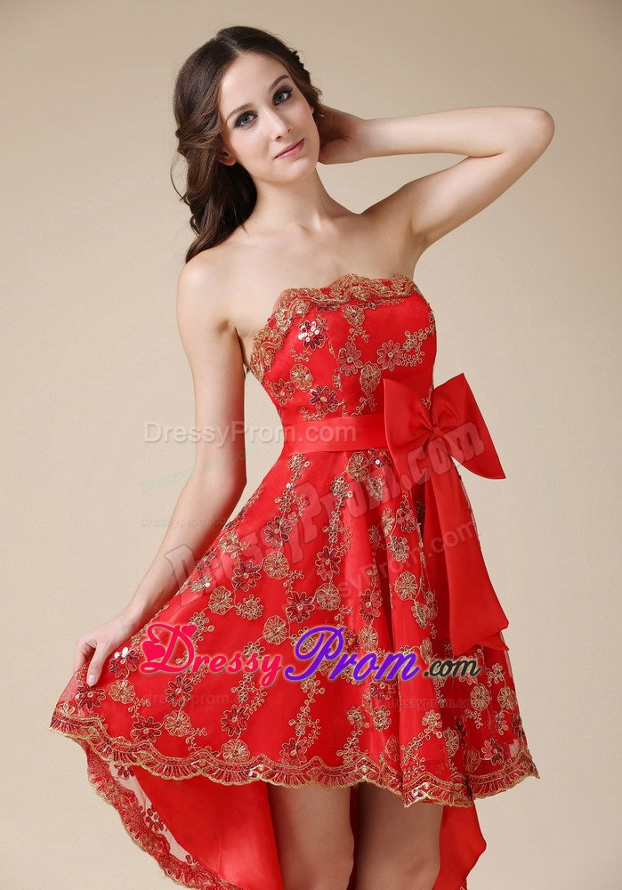 Cheap Dresses for Prom Princess Lace Decorated with Bow High-low