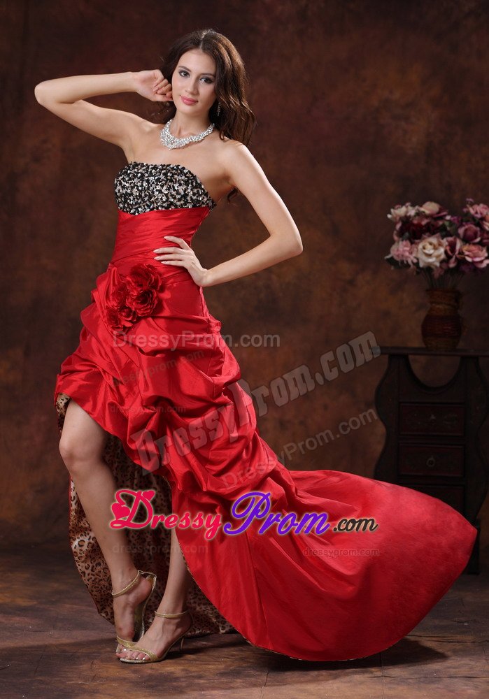 Red High-low Pick-ups Prom Gown Dress Leopard Hand Made Flowers