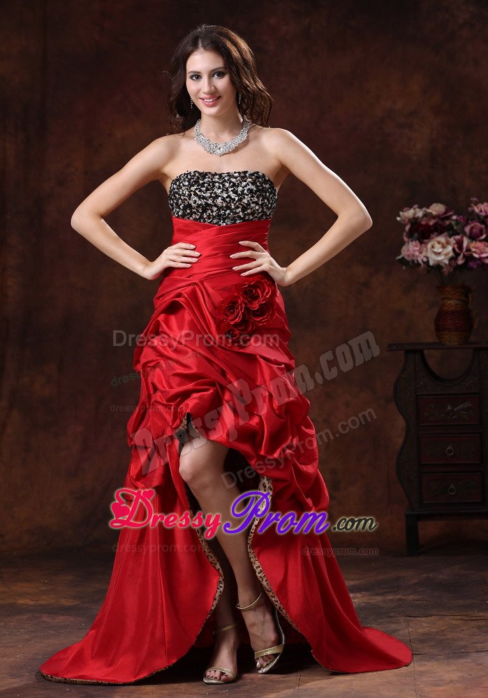 Red High-low Pick-ups Prom Gown Dress Leopard Hand Made Flowers