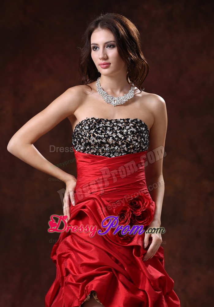 Red High-low Pick-ups Prom Gown Dress Leopard Hand Made Flowers