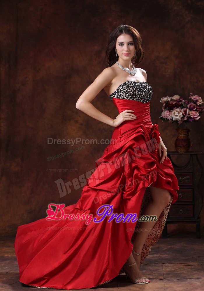 Red High-low Pick-ups Prom Gown Dress Leopard Hand Made Flowers