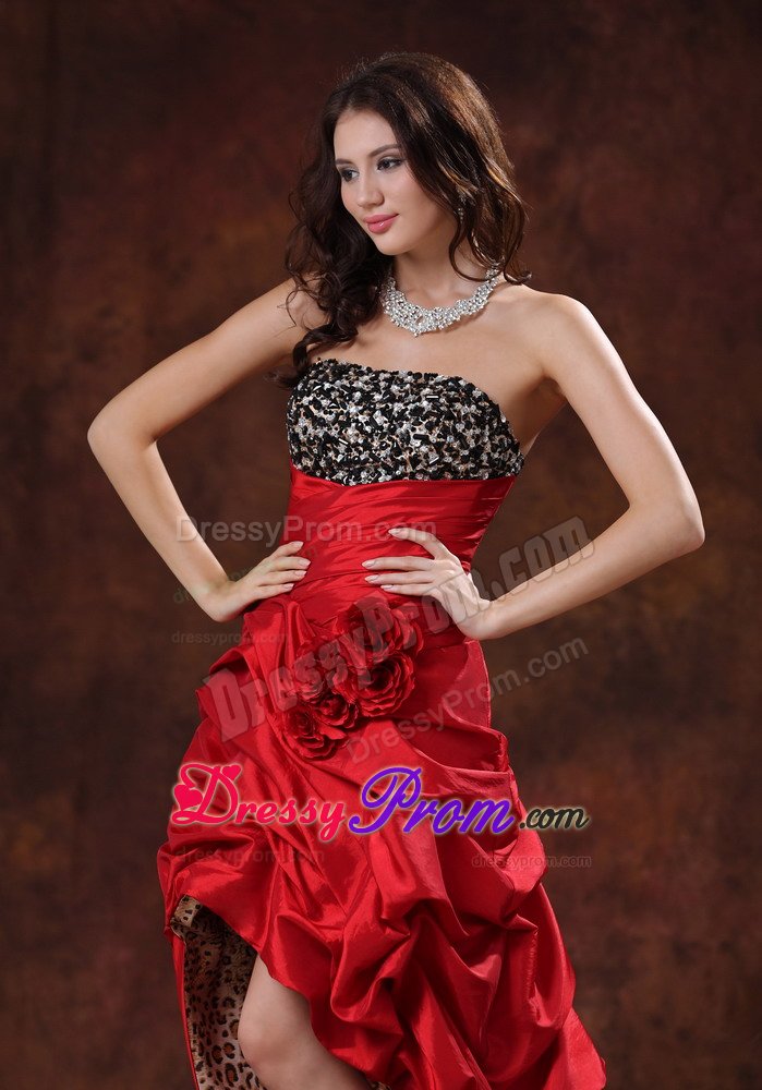 Red High-low Pick-ups Prom Gown Dress Leopard Hand Made Flowers
