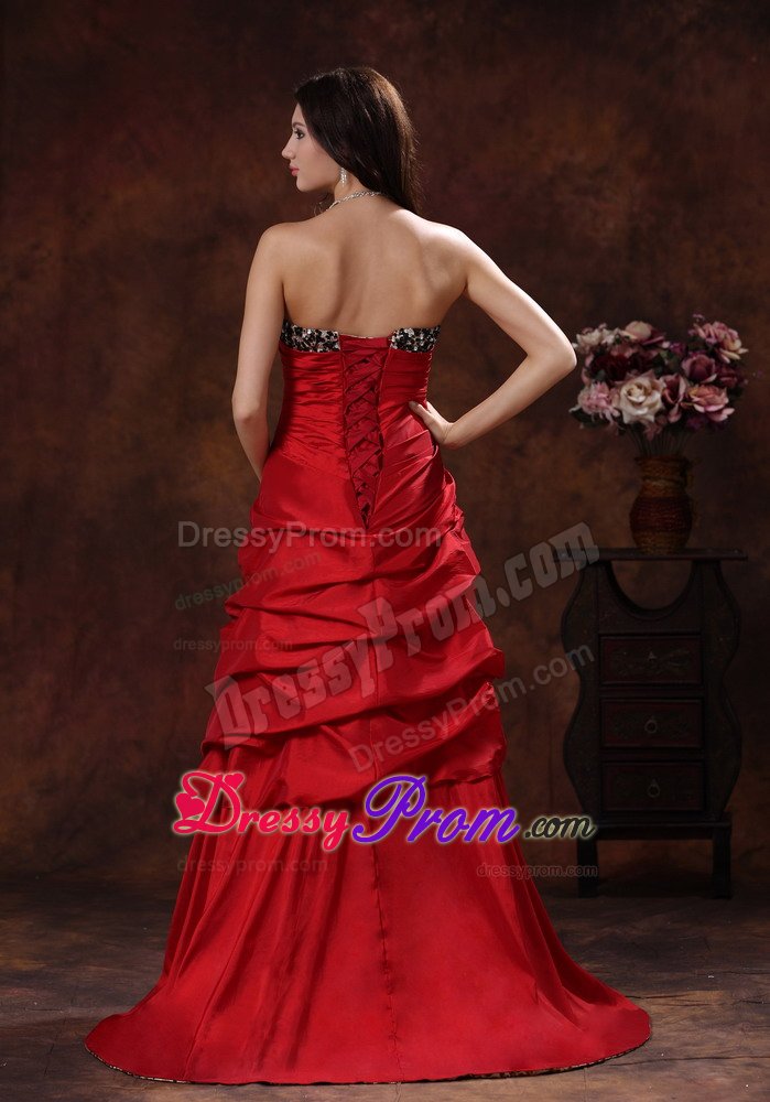 Red High-low Pick-ups Prom Gown Dress Leopard Hand Made Flowers