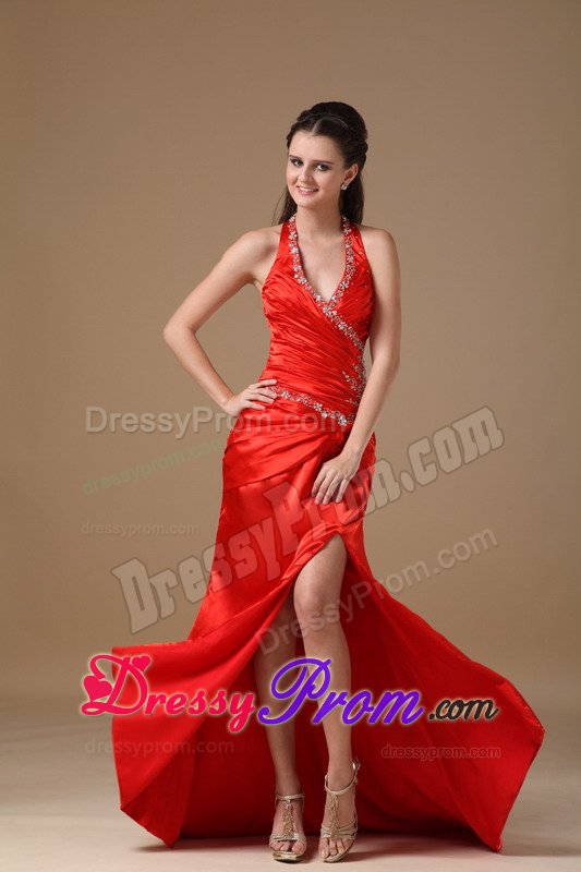 Lace-up Beading Prom Graduation Dress Appliques Halter Top High Slit