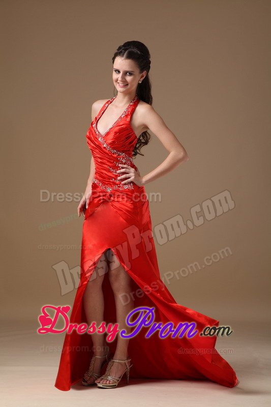 Lace-up Beading Prom Graduation Dress Appliques Halter Top High Slit
