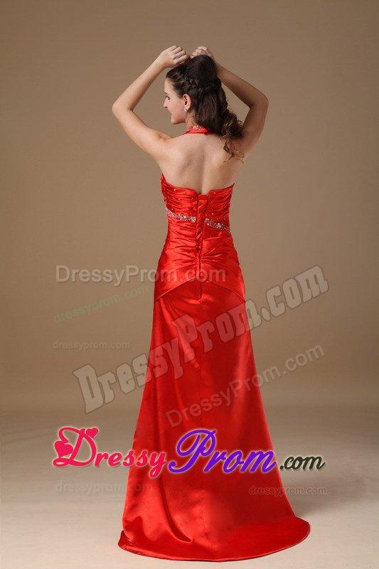 Lace-up Beading Prom Graduation Dress Appliques Halter Top High Slit